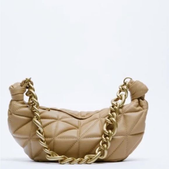 ✨ZARA✨Tan Leather Quilted Chain Strap Shoulder Bag - Picture 3 of 8
